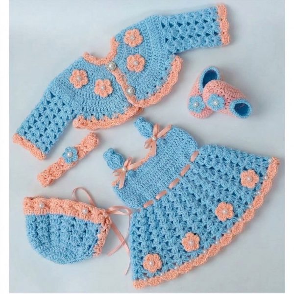 Sky blue and peach crochet baby girl set: dress, cardigan, bonnet, headband and booties