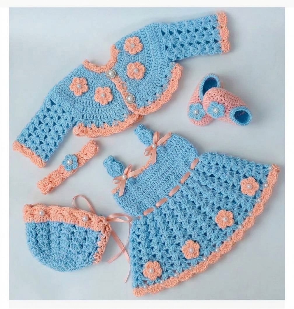 Sky blue and peach crochet baby girl set: dress, cardigan, bonnet, headband and booties