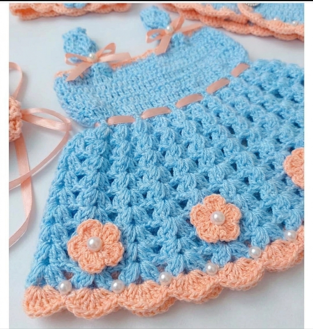 Sky blue crochet baby cardigan with peach flowers and pearl buttons