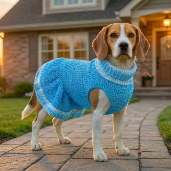 Beagle wearing sky blue crochet dog dress with white stripes
