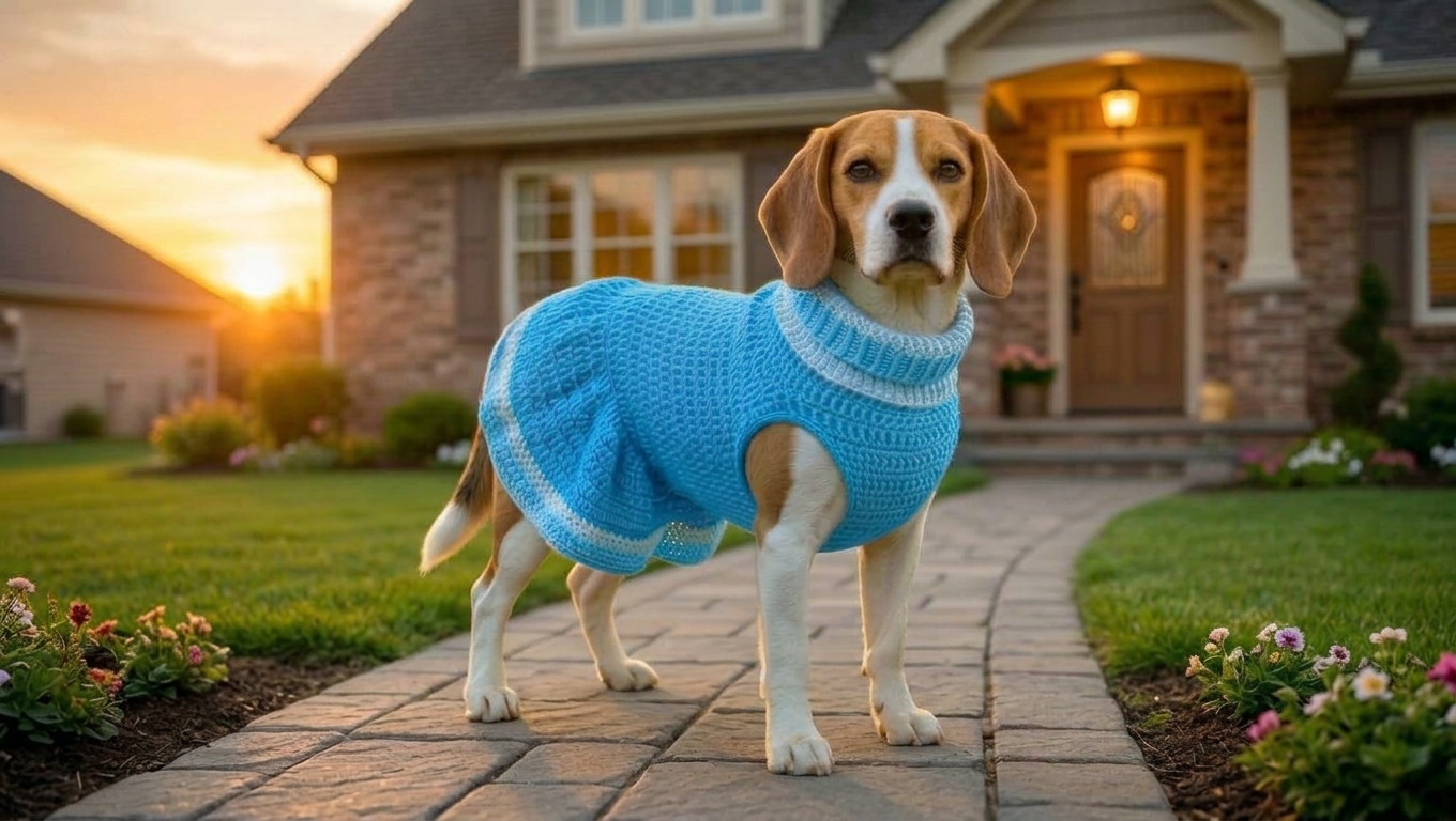Beagle wearing sky blue crochet dog dress with white stripes