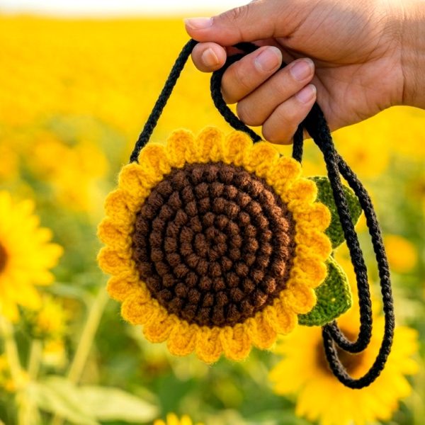 Sunflower crochet bag with black cord strap