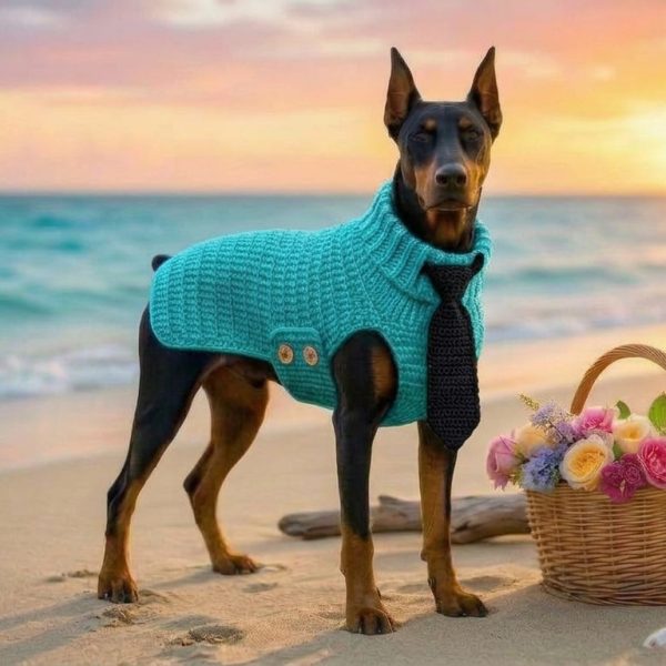 Doberman wearing teal crochet dog sweater with black tie on the beach