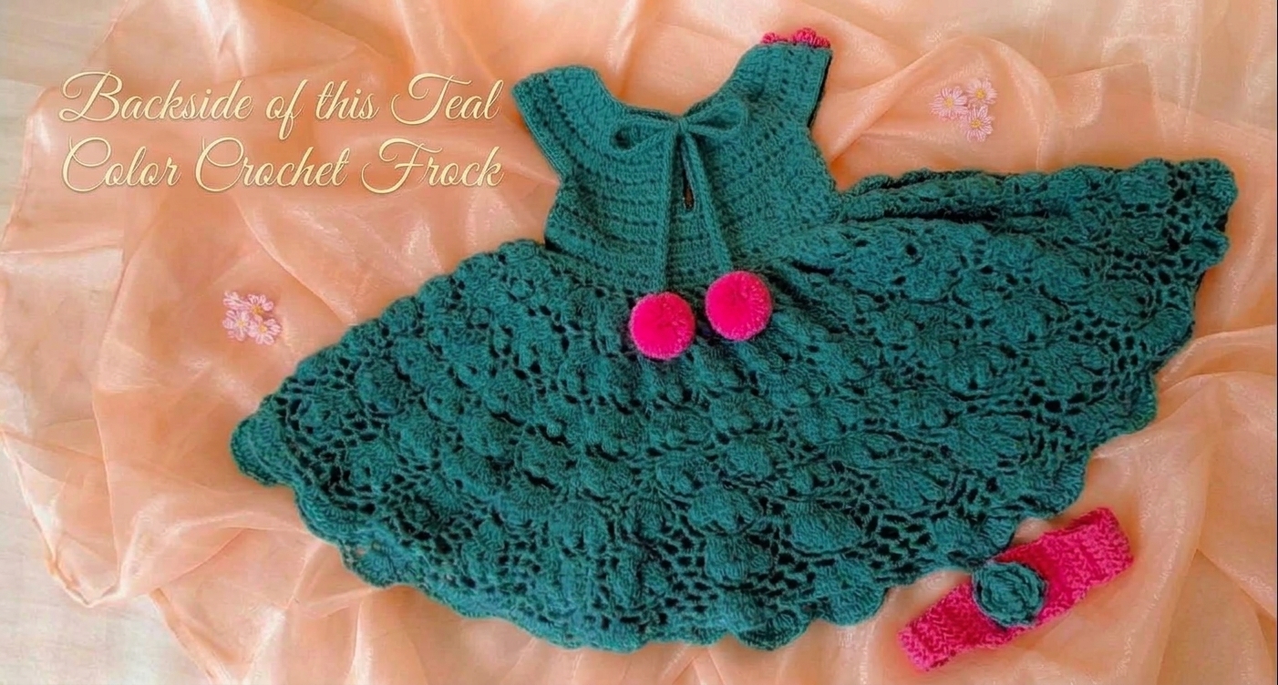 backside image of teal color crochet frock
