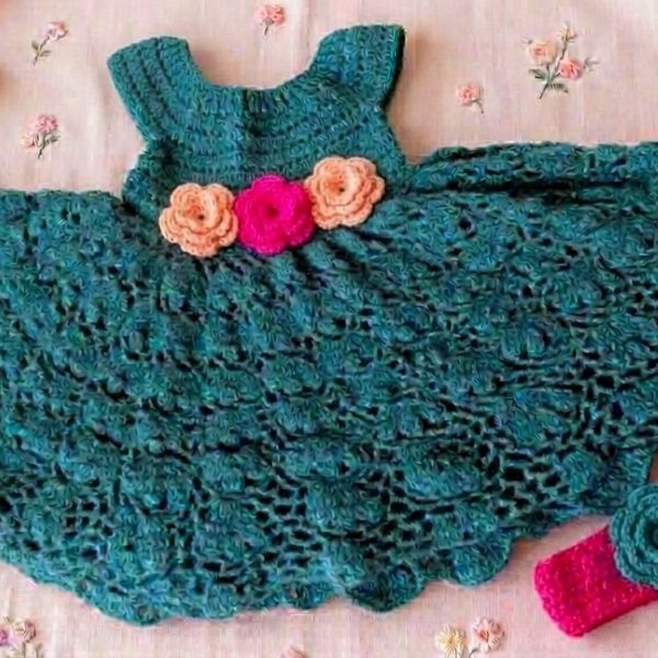 Teal Crochet Baby Dress with Pink Roses & Headband