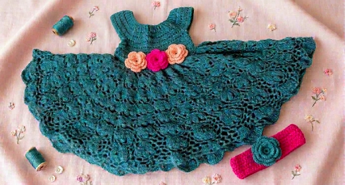 Teal Crochet Baby Dress with Pink Roses & Headband