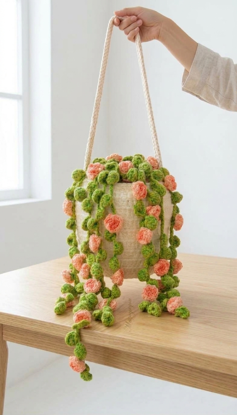 white and peach rose flower crochet bag