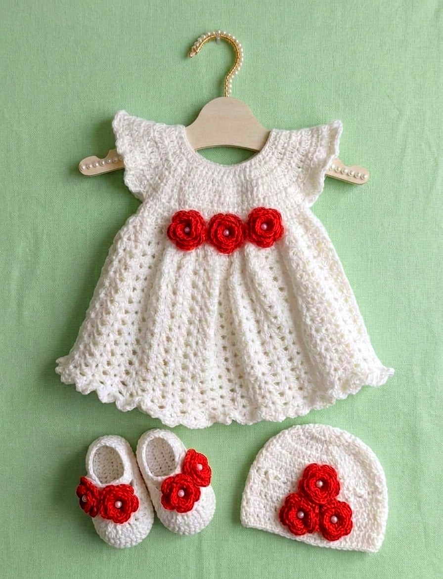 White crochet baby dress with red roses, cap and booties