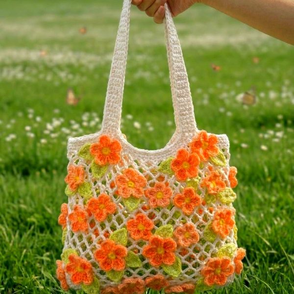 Cream Crochet Tote Bag with Peach Flowers