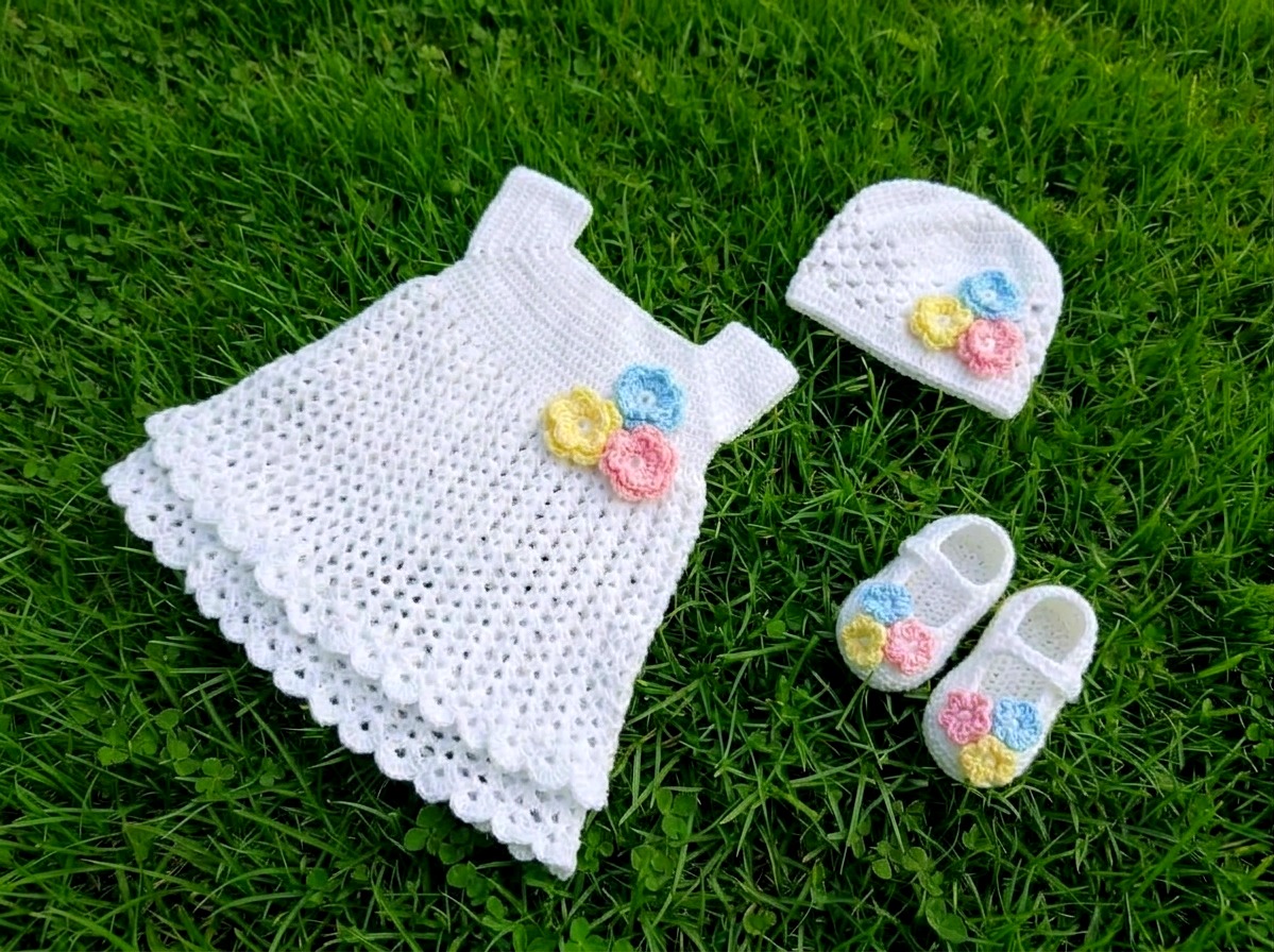 White crochet baby dress set with cap and booties
