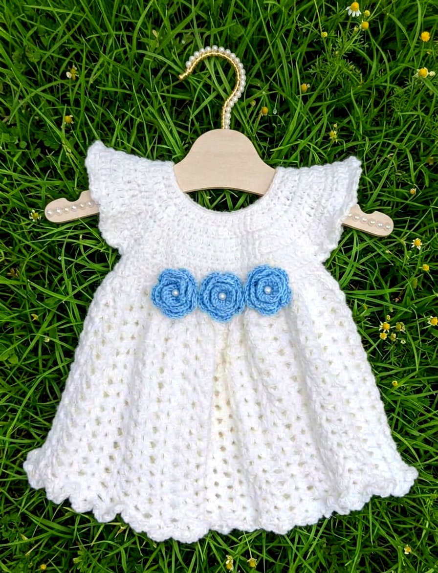 White crochet baby dress with sky blue roses