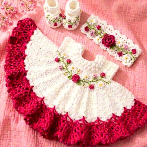 White & Magenta Crochet Baby Dress with Roses, Headband & Booties