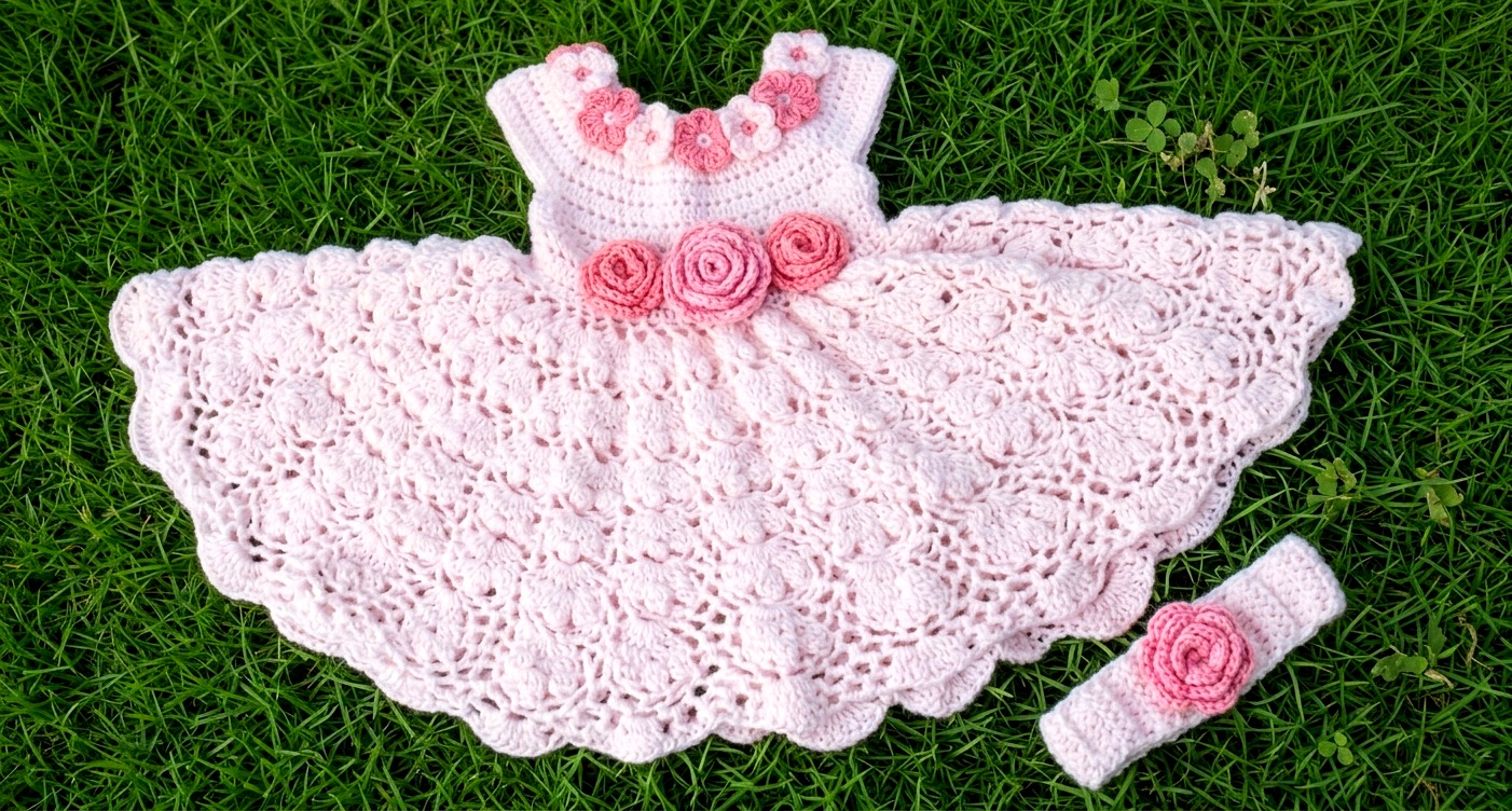 Pink and white crochet baby dress with booties
