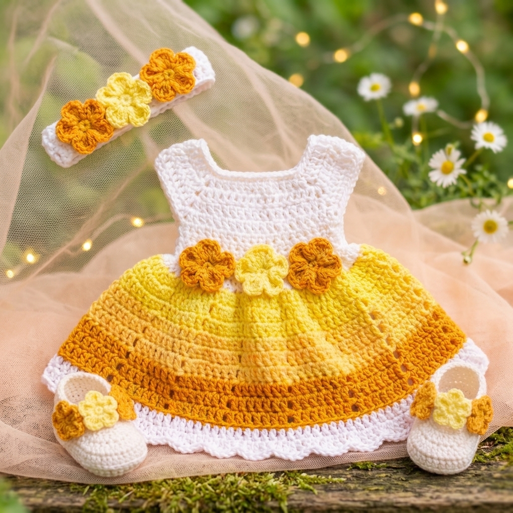 Yellow and white crochet baby dress with flowers, headband and booties