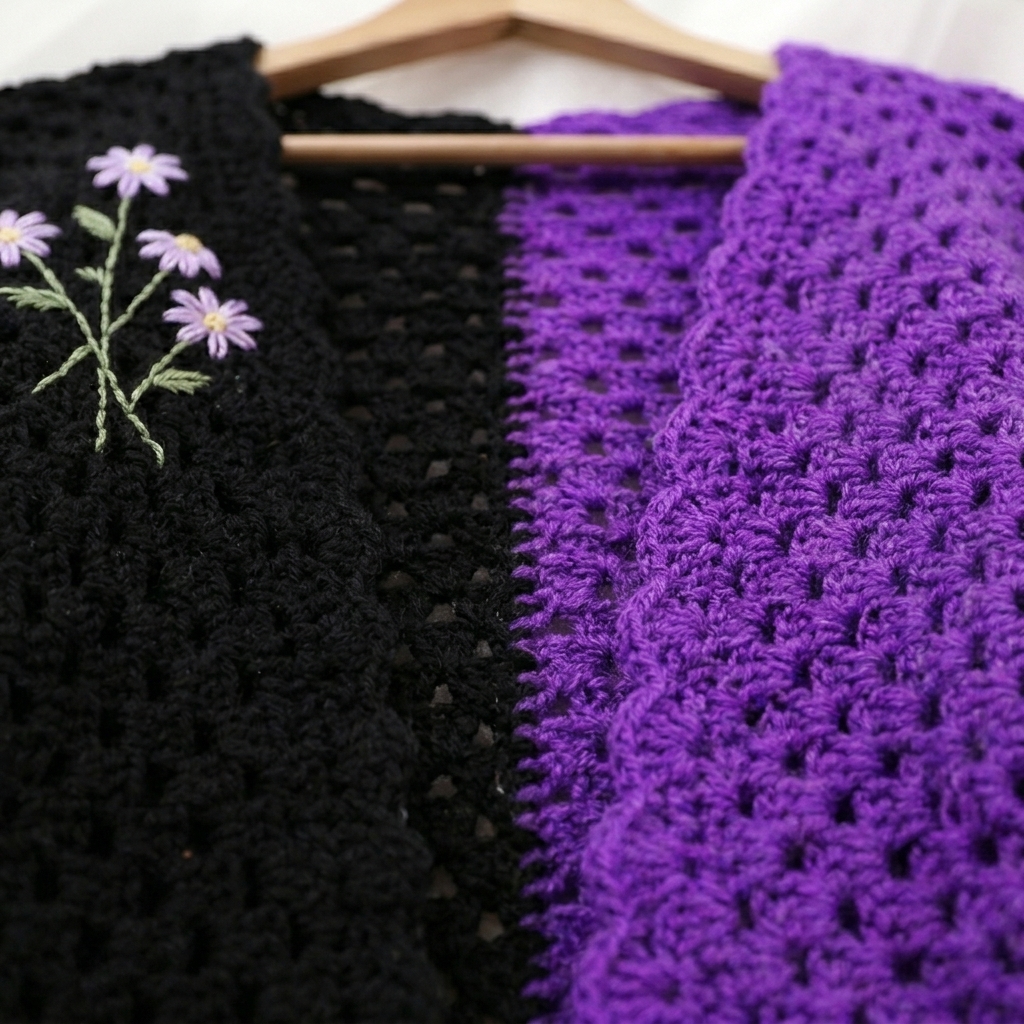 Close-up of the black and purple granny stitch panels