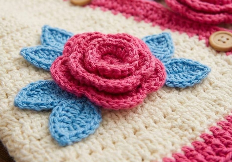 Close-up of the pink crochet rose with sky blue leaves on the hoodie
