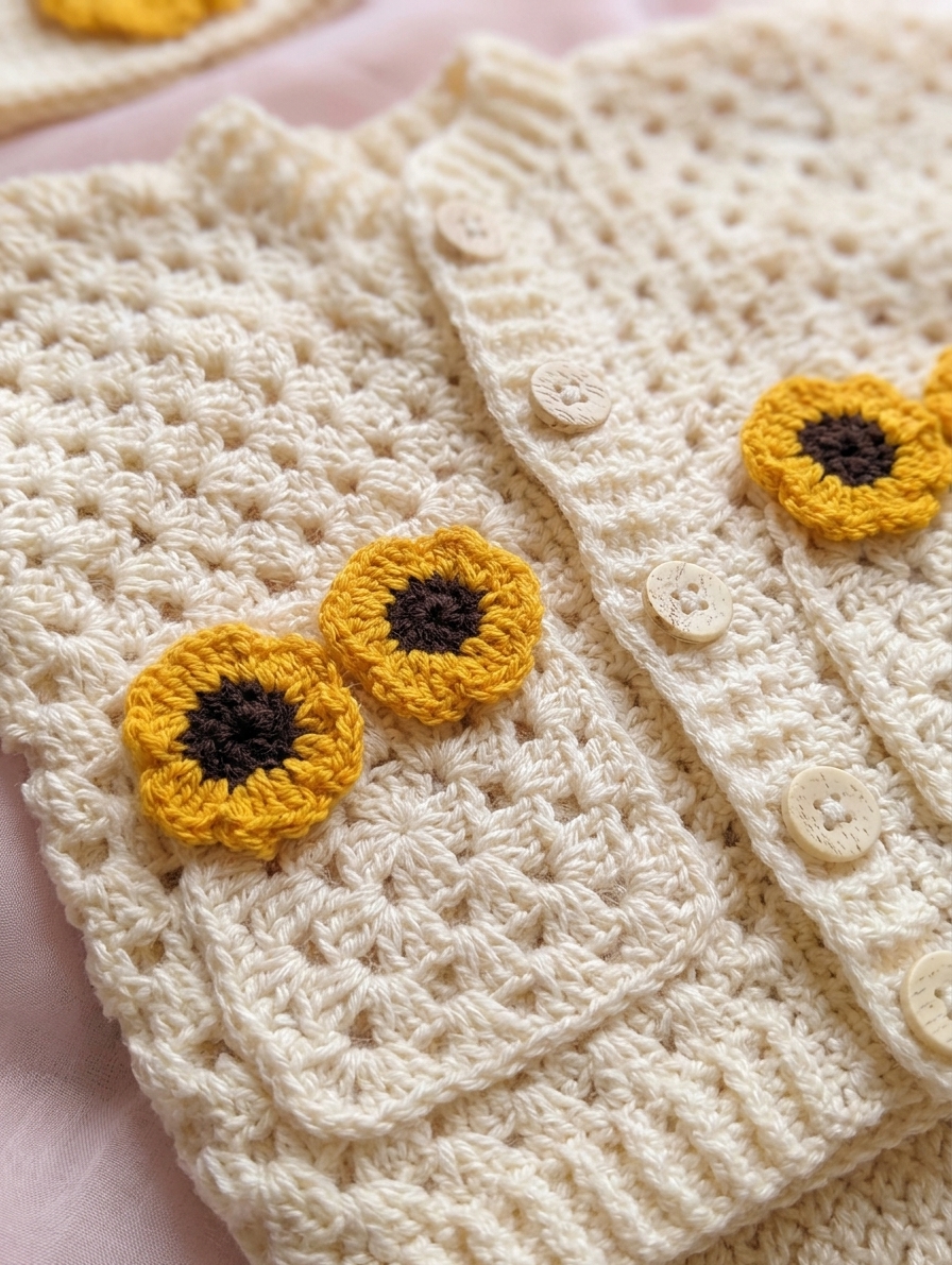 Cream crochet baby cardigan with yellow sunflowers and patch pockets