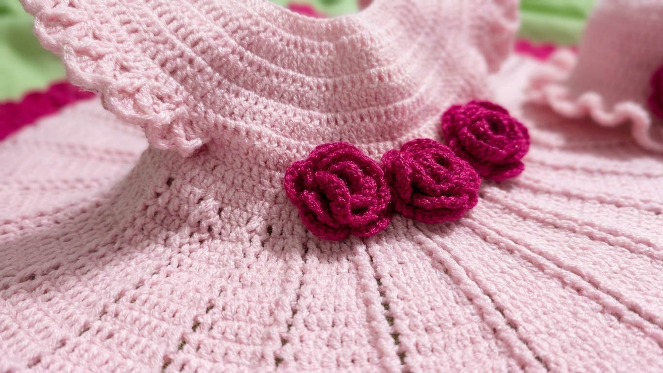 Pink & Red Crochet Twirl Dress with Bonnet & Booties - Image 5