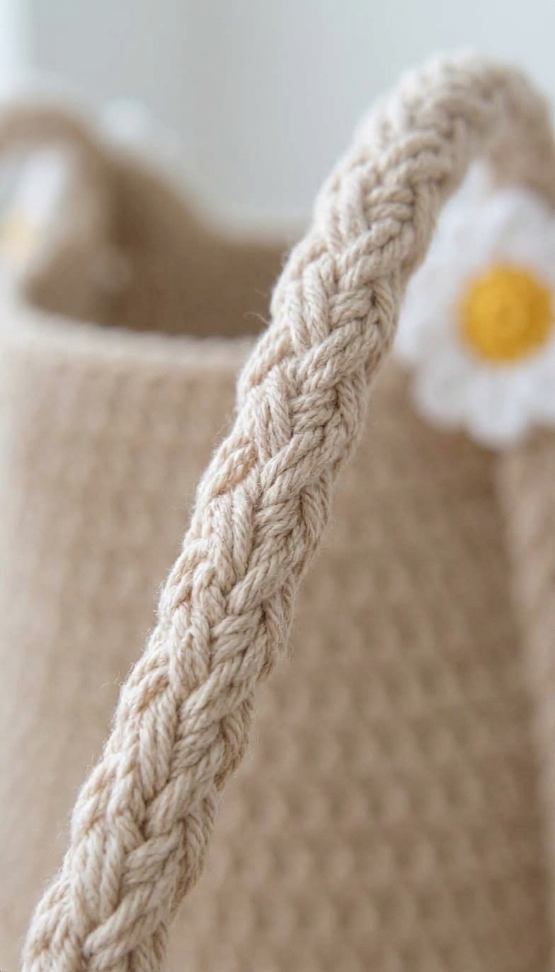 Close-up of braided cream crochet cord handle