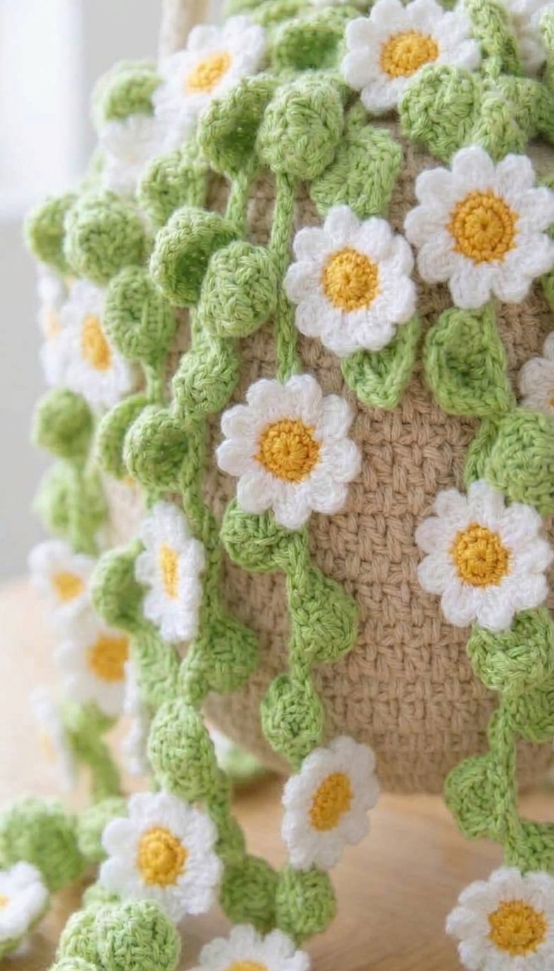 Close-up of white crochet daisy with yellow centre