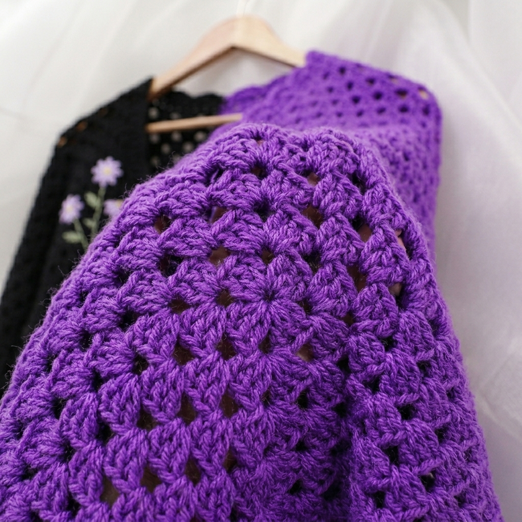 Close-up of the purple crochet granny stitches