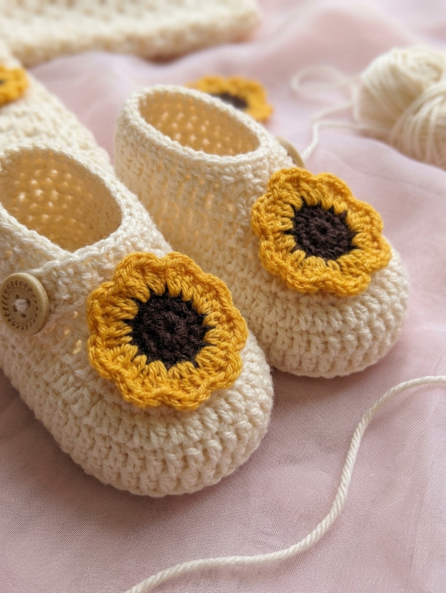 Cream crochet baby booties with yellow sunflowers