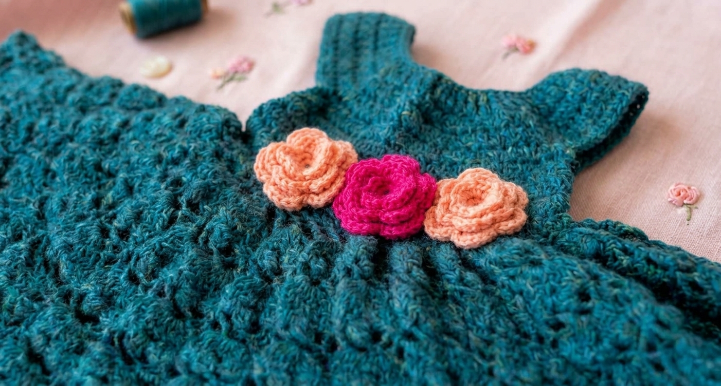 Teal Crochet Baby Dress with Pink Roses & Headband - Image 2