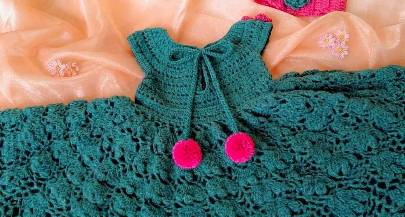 zoom in view teal color crochet frock with shocking pink combo
